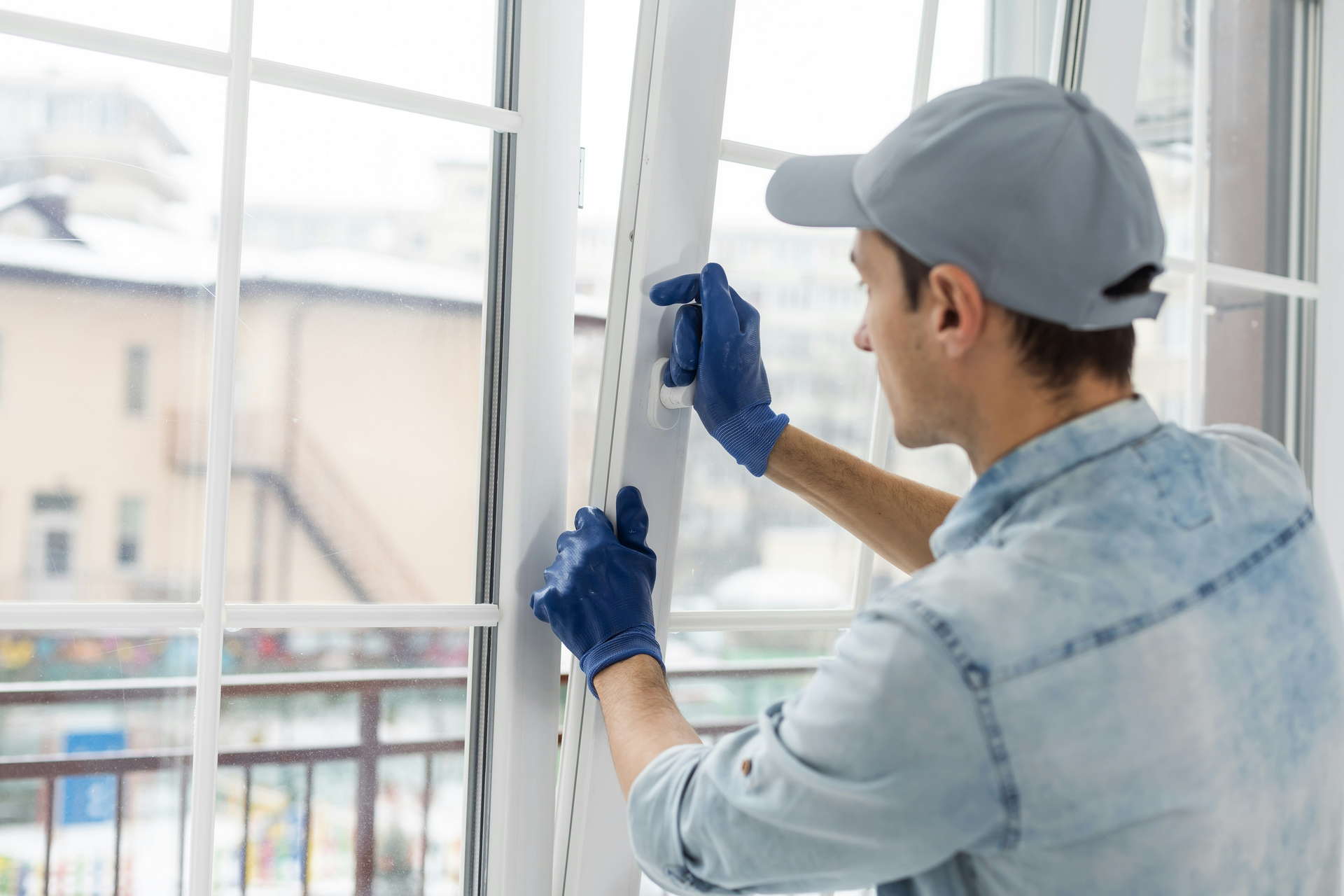 Ein Handwerker mit blauen Handschuhen und grauer Kappe überprüft oder justiert einen weißen Fensterrahmen von innen. Draußen ist ein winterlicher Blick zu sehen.