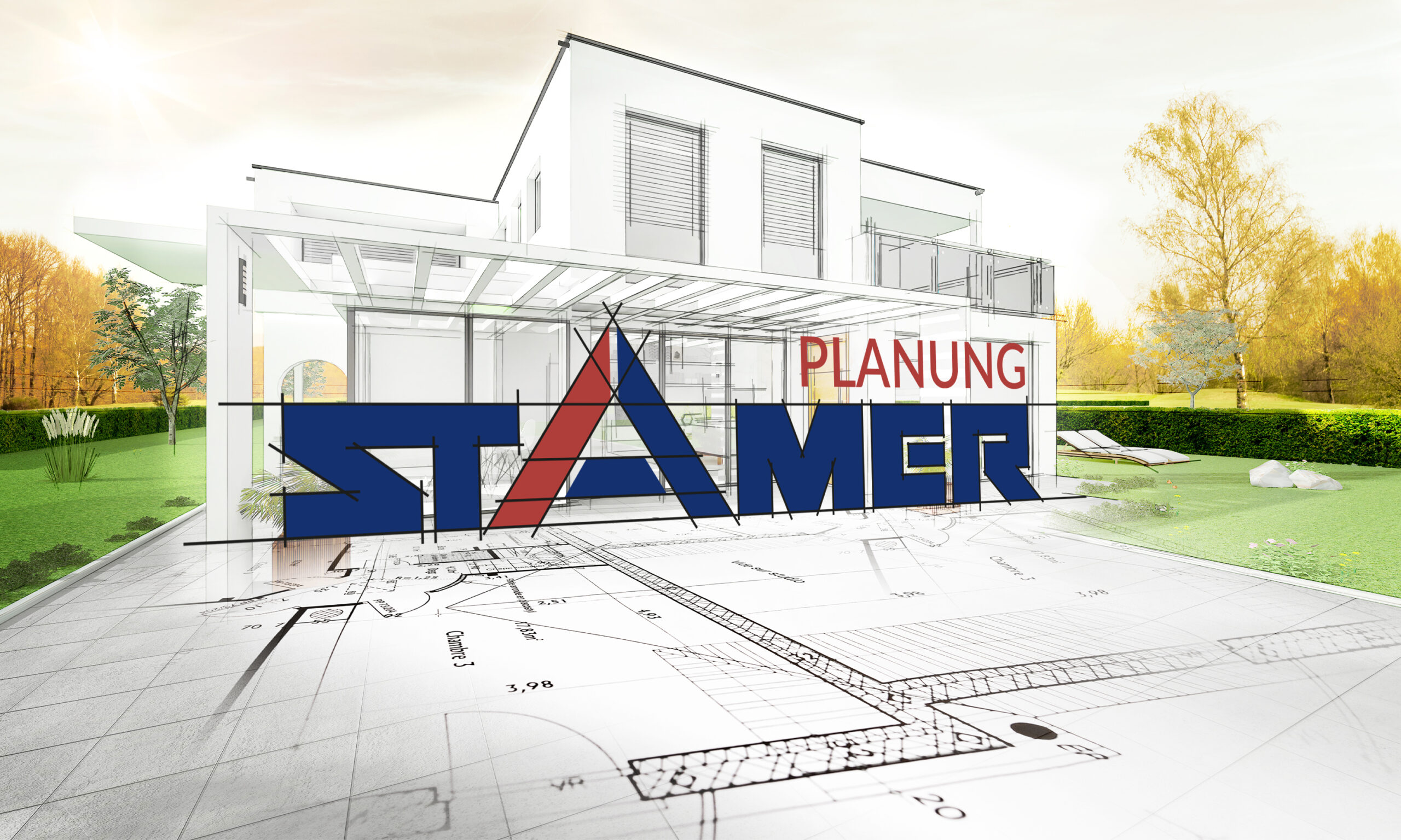 Bauplan und 3D-Hausmodell mit STAMER PLANUNG Logo