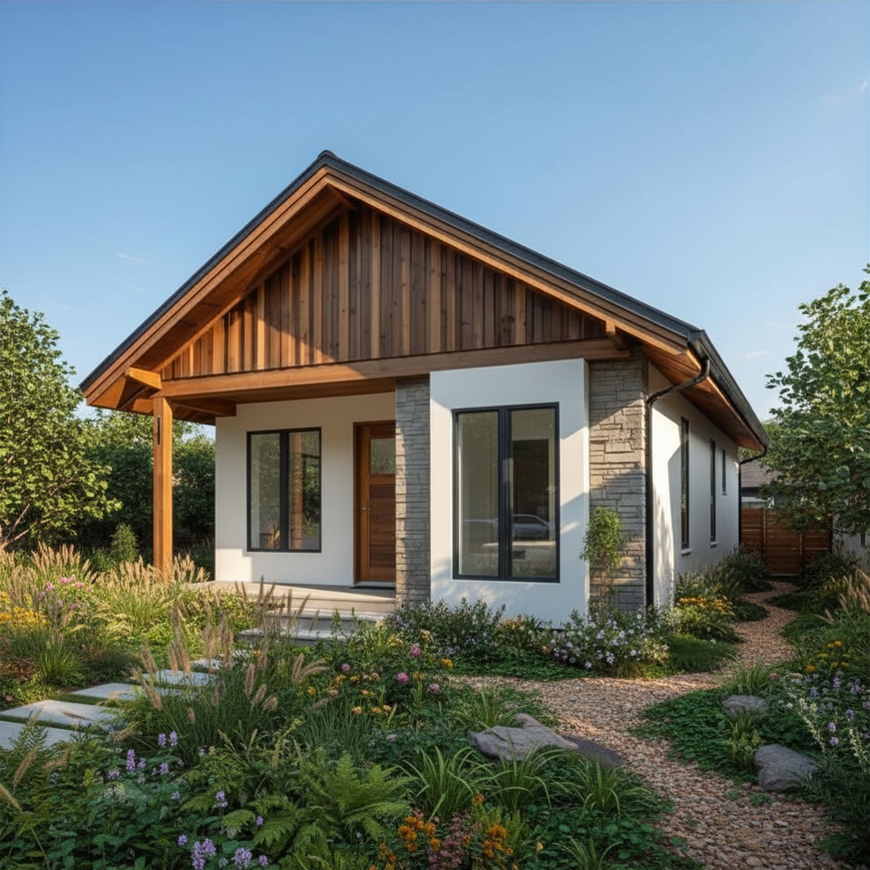 Kleines modernes Einfamilienhaus mit Holzfassade und weiß verputzten Wänden, umgeben von einem gepflegten Garten mit Blumen, Sträuchern und einem geschwungenen Kiesweg.