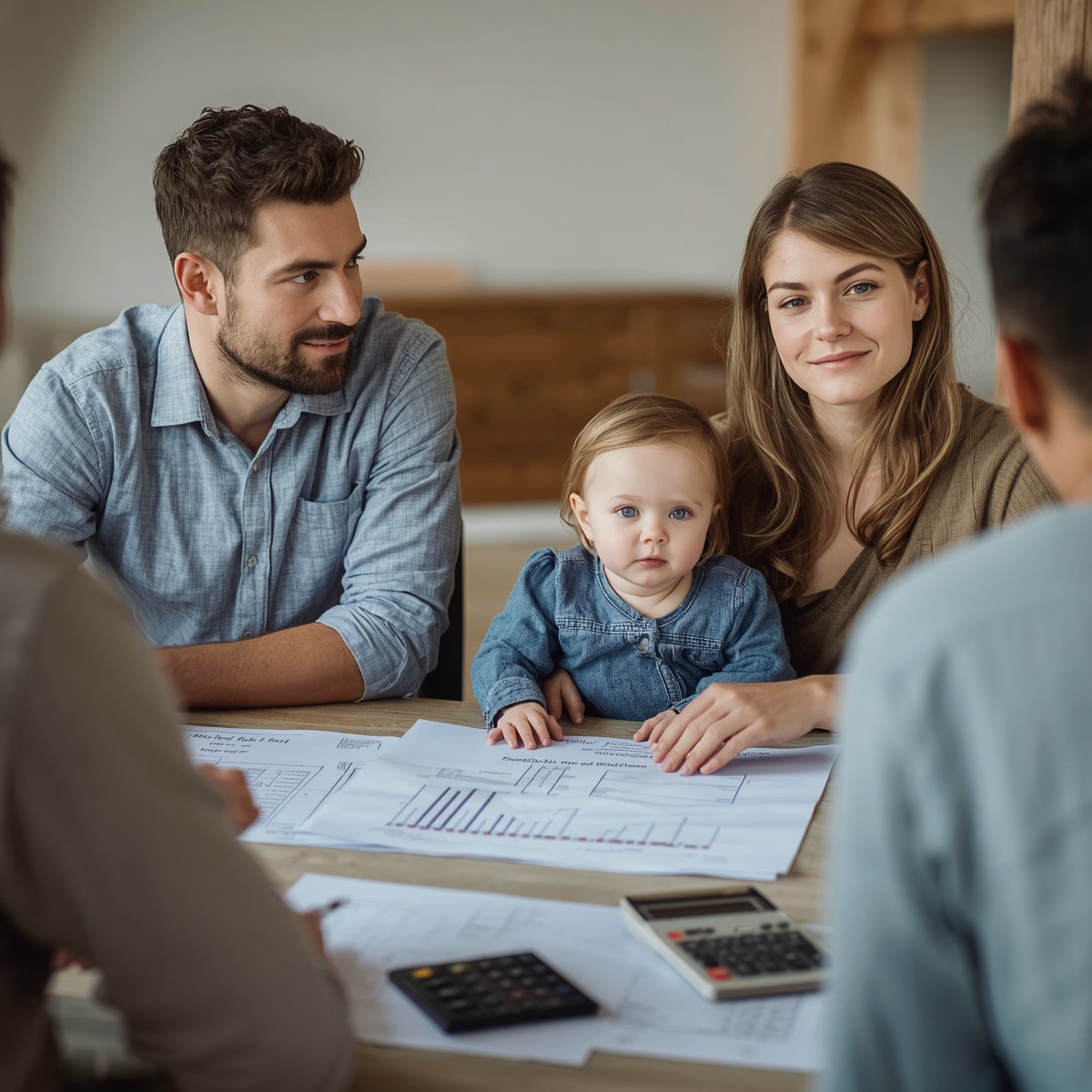 Ein junges Paar sitzt mit einem Baby an einem Tisch und bespricht gemeinsam mit zwei Beratern Unterlagen und Finanzpläne; auf dem Tisch liegen Dokumente und Taschenrechner.