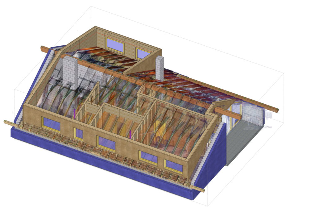 3D-Darstellung eines Hauses im Querschnitt, bei der die innere Konstruktion mit Wänden, Deckenbalken, Dachstruktur und Leitungen sichtbar ist.